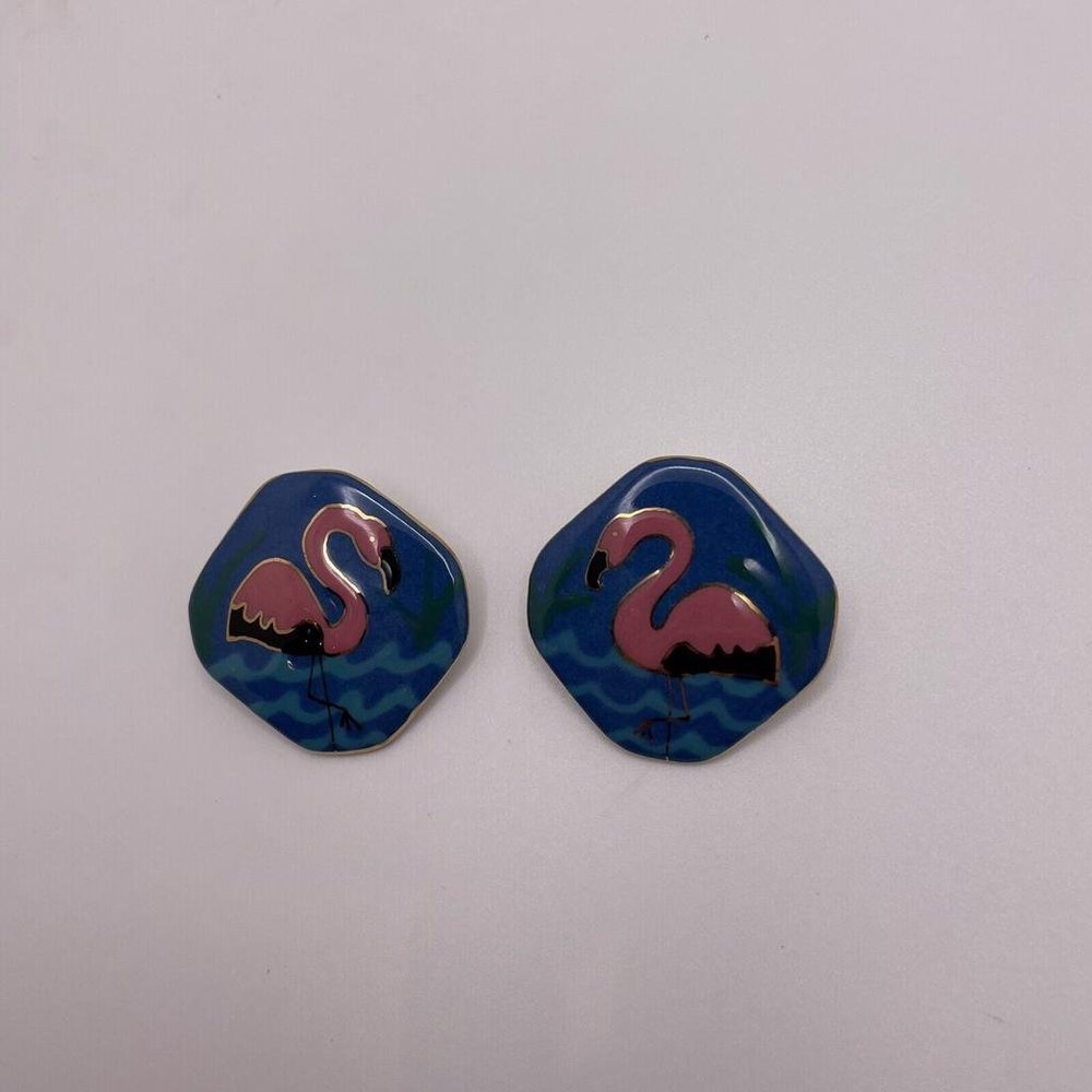 Fun Women’s Pierced Costume Earrings Ceramic Handmade Pink Flamingo / Blue